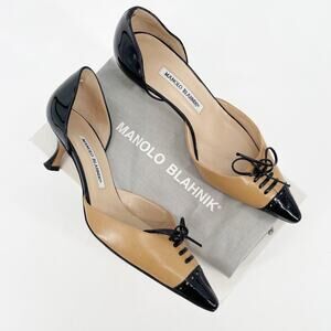 Manolo Blahnik Tan Black Cap Toe Lace Up Detail D'Orsay Kitten Heel Pump IT 38.5